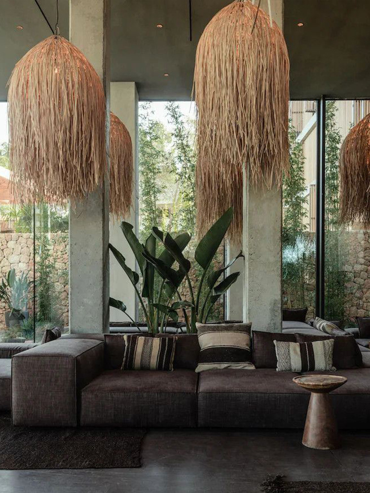 Handmade Natural Grass Tasseled Pendant Light Boho Dome Chandelier for Living Room & Restaurant