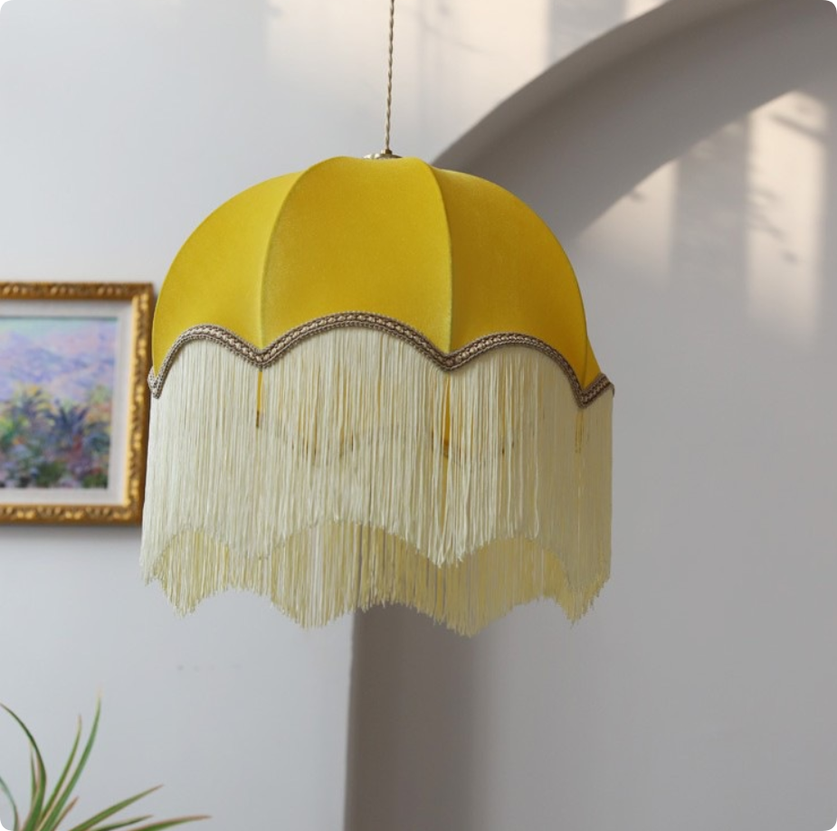 Vintage European Yellow Fringe Fabric Pendant Lamp for Home Bedroom Living Room Decoration