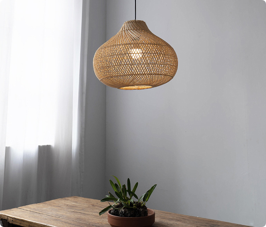 Modern Wave-Shaped Rattan Pendant Light, Organic Gourd Hanging Lamp for Dining Room & Living Space