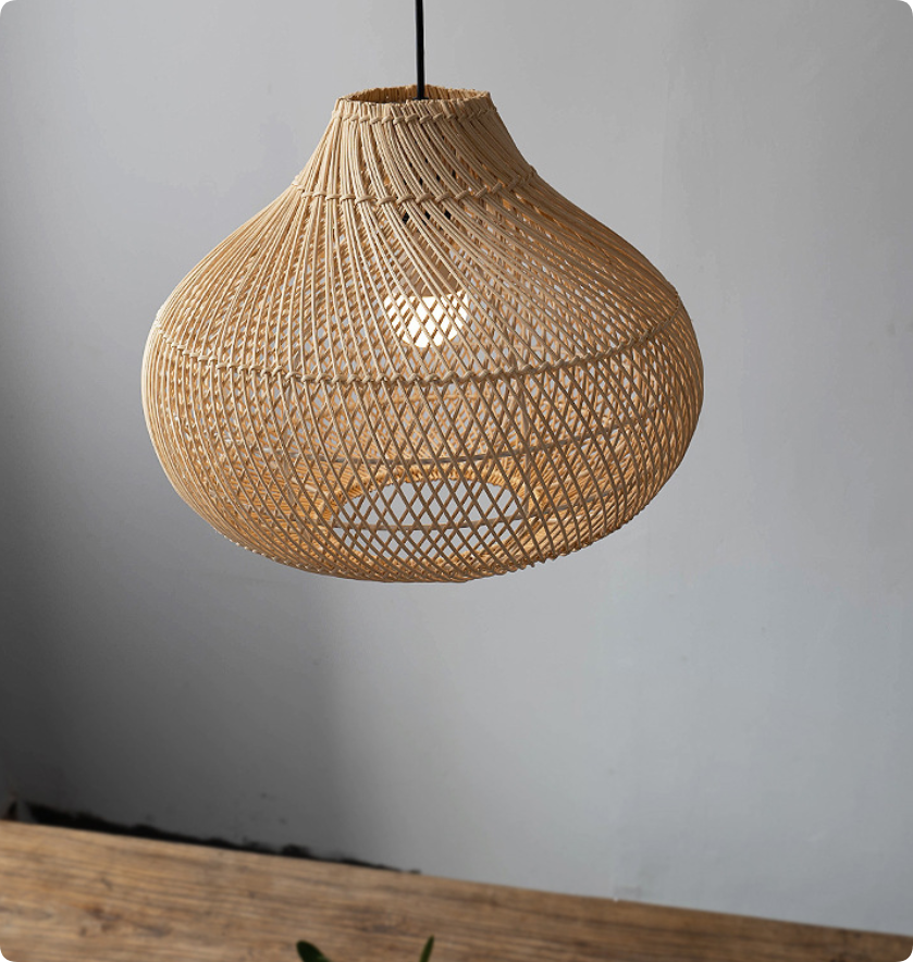 Modern Wave-Shaped Rattan Pendant Light, Organic Gourd Hanging Lamp for Dining Room & Living Space