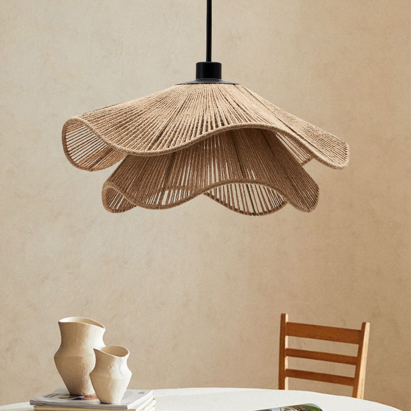 Handmade Woven Rattan Pendant Light – Natural Double-Layer Floral Design for Dining & Commercial Spaces