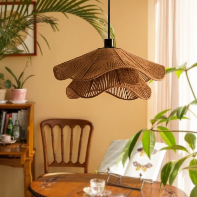 Handmade Woven Rattan Pendant Light – Natural Double-Layer Floral Design for Dining & Commercial Spaces