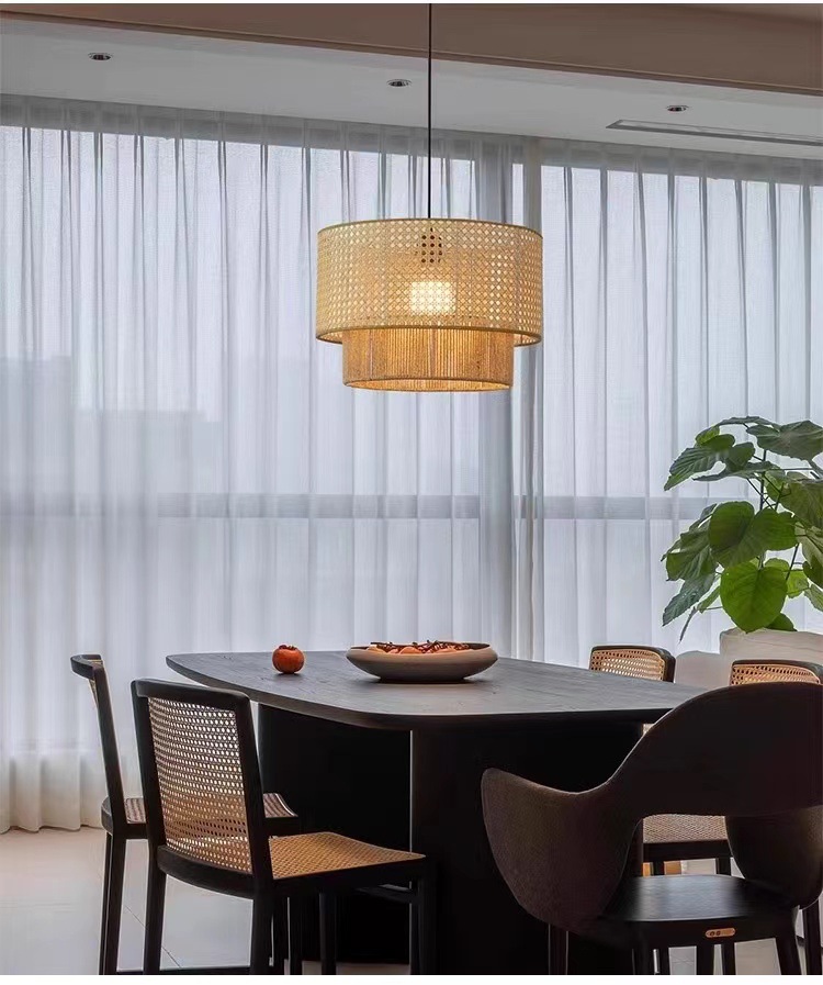 Triple-Layer Handwoven Rope Pendant Light – Natural Rattan Ceiling Lamp