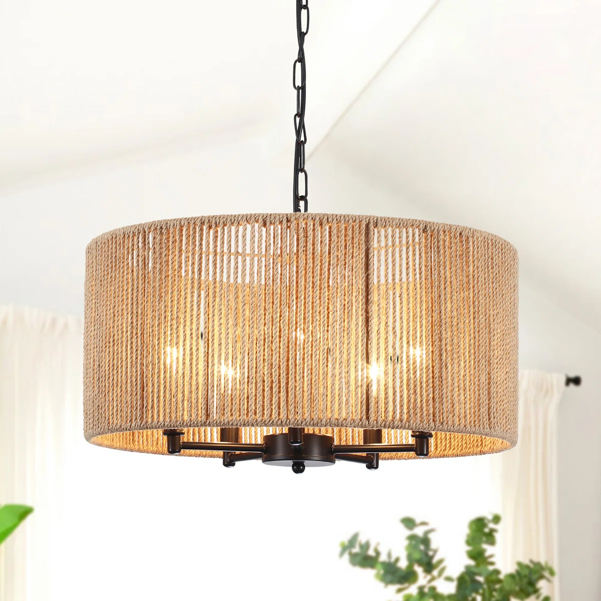 Modern Woven Rattan Drum Pendant Light – Boho Farmhouse Ceiling Fixture with 6-Light Cluster