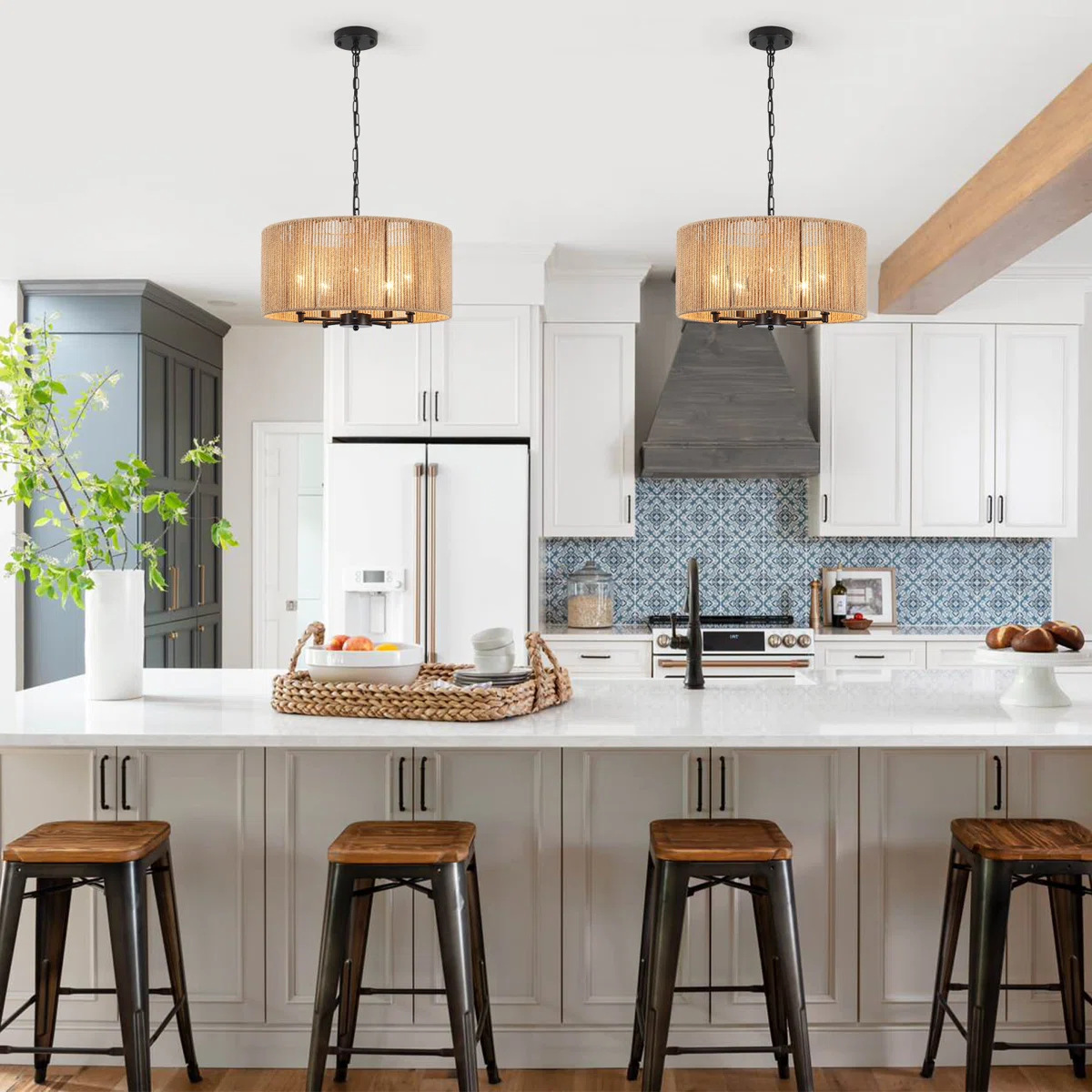 Modern Woven Rattan Drum Pendant Light – Boho Farmhouse Ceiling Fixture with 6-Light Cluster