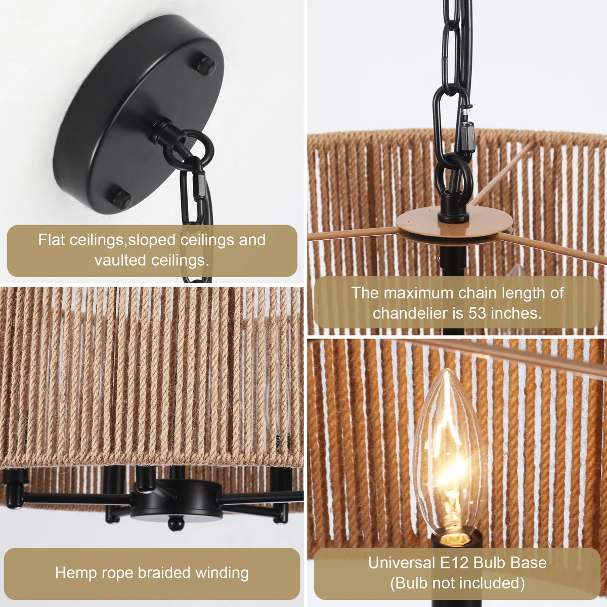 Modern Woven Rattan Drum Pendant Light – Boho Farmhouse Ceiling Fixture with 6-Light Cluster