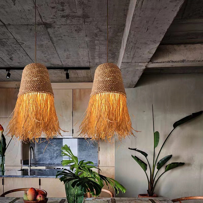 Boho Handmade Woven Rattan Pendant Light with Fringe for Living Room, Bedroom, or Cafe