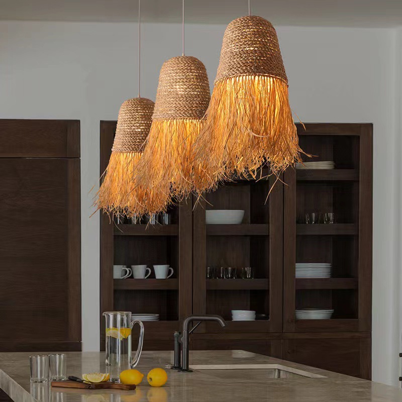 Boho Handmade Woven Rattan Pendant Light with Fringe for Living Room, Bedroom, or Cafe