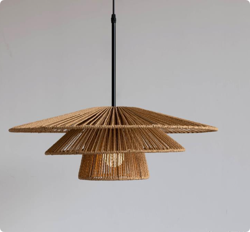 Handmade Rattan Rope Woven Pendant Light – Wide Brim Natural Hanging Ceiling Lamp