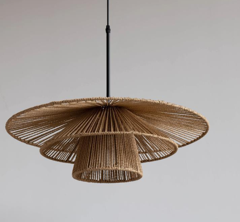 Handmade Rattan Rope Woven Pendant Light – Wide Brim Natural Hanging Ceiling Lamp