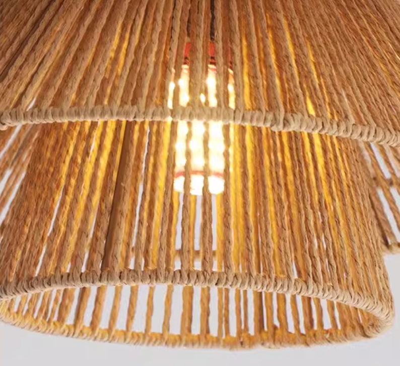Handmade Rattan Rope Woven Pendant Light – Wide Brim Natural Hanging Ceiling Lamp