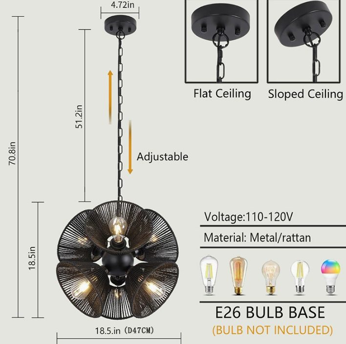 Handwoven Rustic Rattan Cone Pendant Light Vintage Natural Hanging Lamp for Restaurant Hotel Cafe