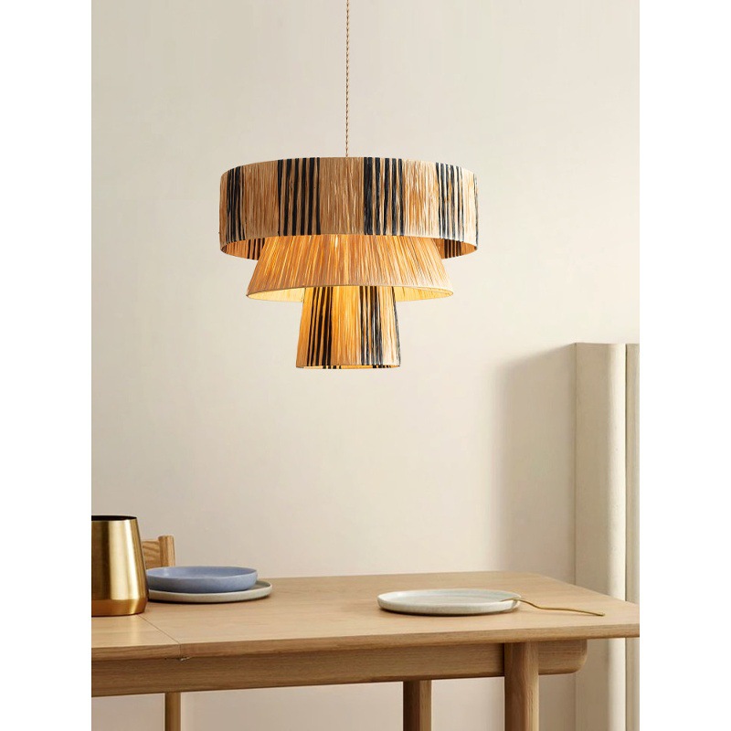 Japanese Wabi-Sabi Raffia Pendant Light Handmade Boho Dining Table Hanging Lamp Designer Fixture