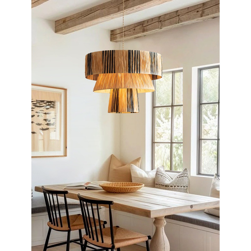 Japanese Wabi-Sabi Raffia Pendant Light Handmade Boho Dining Table Hanging Lamp Designer Fixture