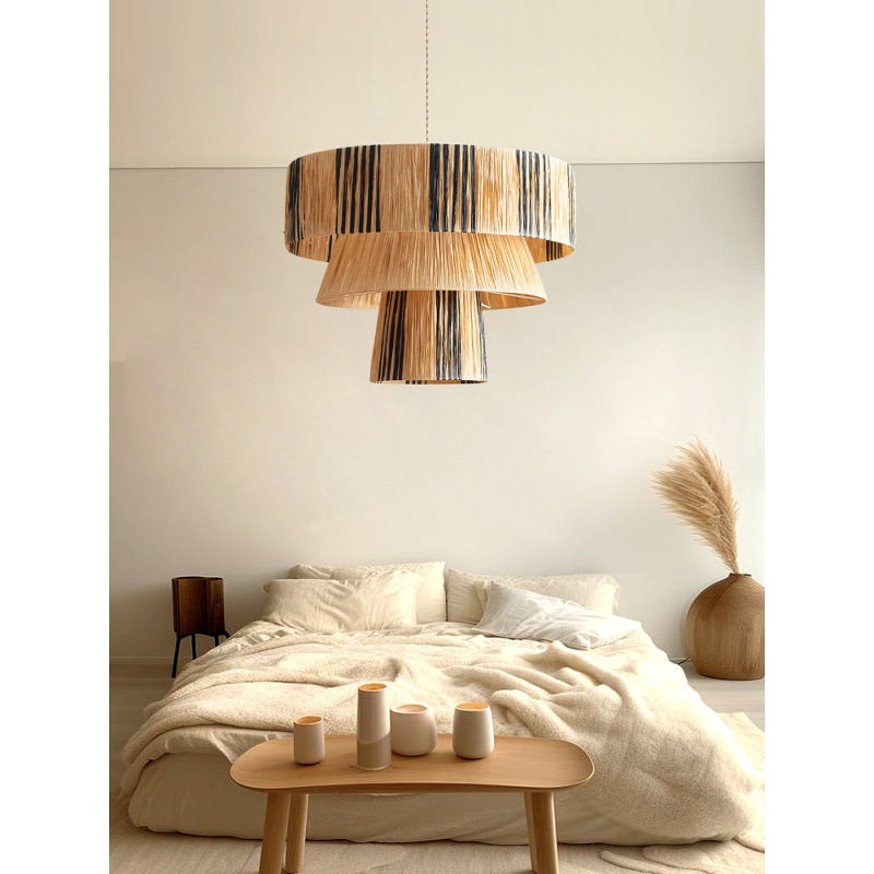 Japanese Wabi-Sabi Raffia Pendant Light Handmade Boho Dining Table Hanging Lamp Designer Fixture