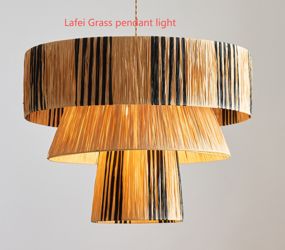 Japanese Wabi-Sabi Raffia Pendant Light Handmade Boho Dining Table Hanging Lamp Designer Fixture