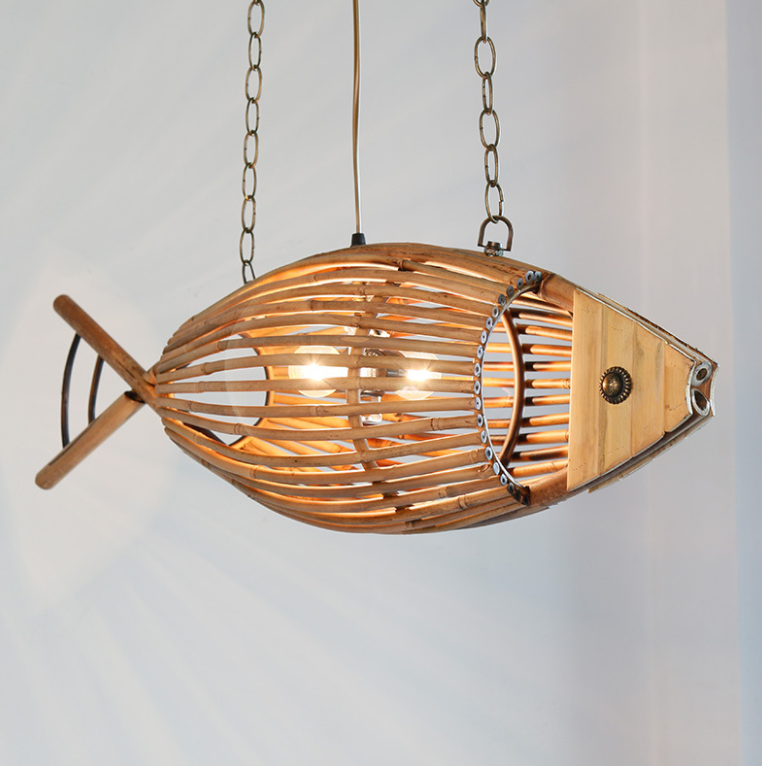 Handwoven Bamboo Fish Pendant Light | Natural Rattan Ceiling Lamp for Dining, Cafe, Bar