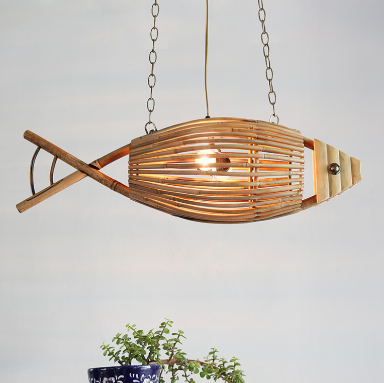 Handwoven Bamboo Fish Pendant Light | Natural Rattan Ceiling Lamp for Dining, Cafe, Bar