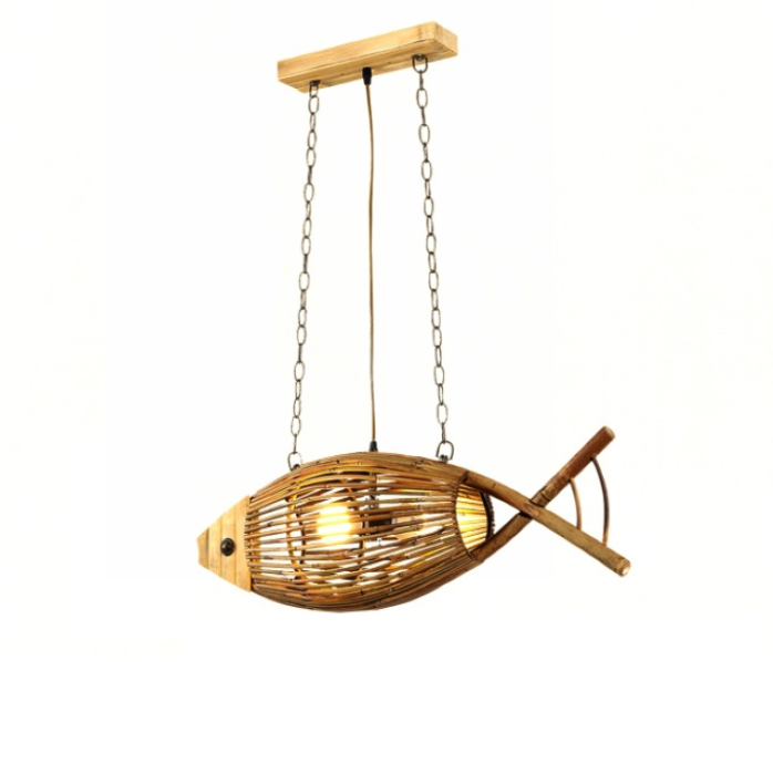 Handwoven Bamboo Fish Pendant Light | Natural Rattan Ceiling Lamp for Dining, Cafe, Bar