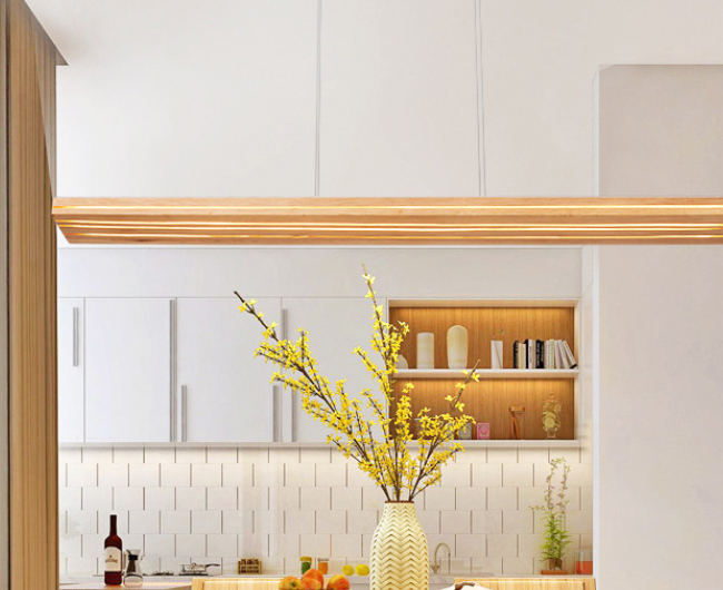 Modern Long Wooden LED Pendant Light – Linear Ceiling Lamp for Dining Room and Office