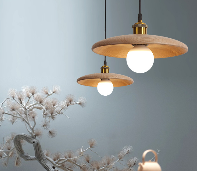 Modern Wood Pendant Light with Brass Fitting - Minimalist Hanging Lamp for Dining Room & Kitchen