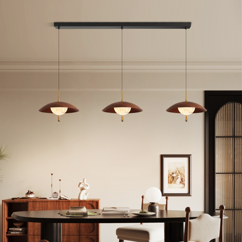 Vintage Walnut Wood Pendant Light with Handcrafted Glass Shade for Dining Room and Living Room