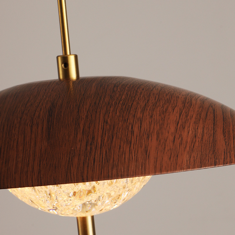 Vintage Walnut Wood Pendant Light with Handcrafted Glass Shade for Dining Room and Living Room