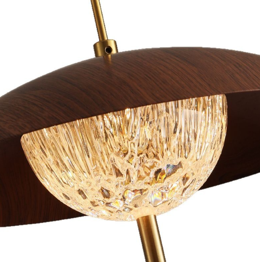 Vintage Walnut Wood Pendant Light with Handcrafted Glass Shade for Dining Room and Living Room