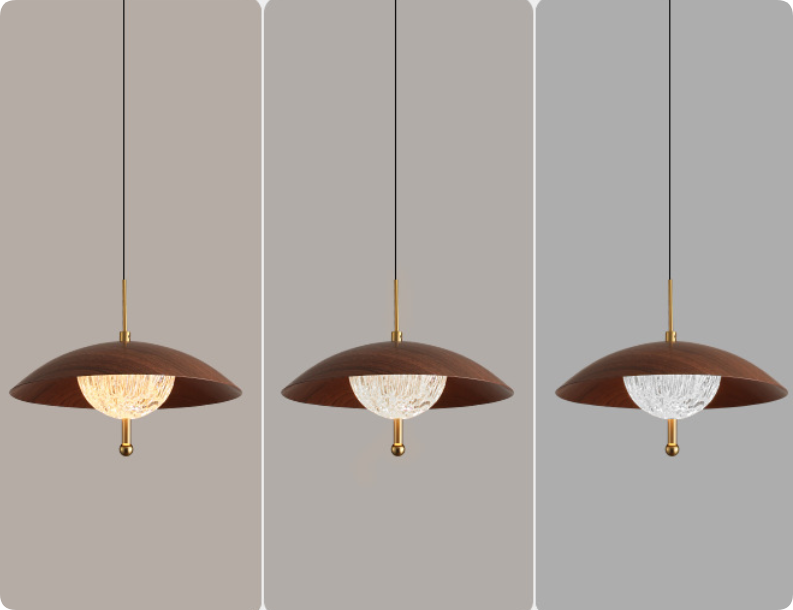 Vintage Walnut Wood Pendant Light with Handcrafted Glass Shade for Dining Room and Living Room