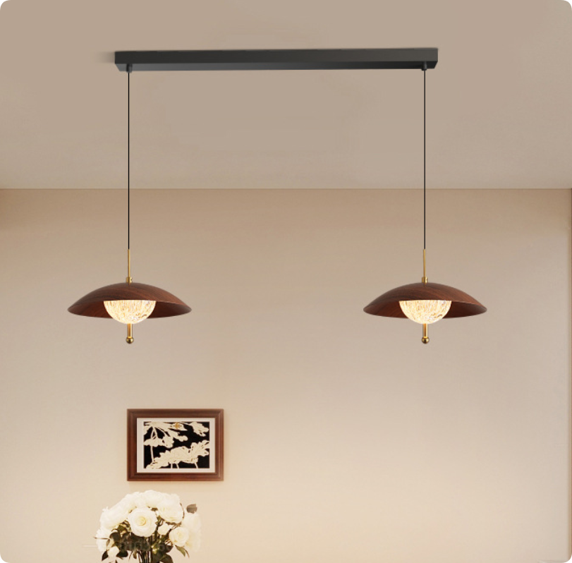 Vintage Walnut Wood Pendant Light with Handcrafted Glass Shade for Dining Room and Living Room