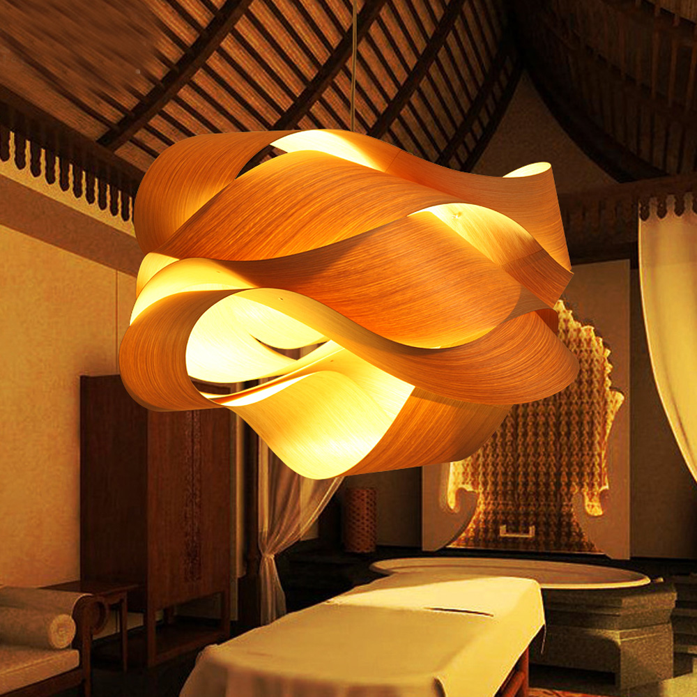 Modern Wood Veneer Pendant Light | Twisted Sculptural Hanging Lamp for Dining & Living Room