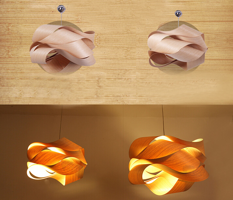 Modern Wood Veneer Pendant Light | Twisted Sculptural Hanging Lamp for Dining & Living Room