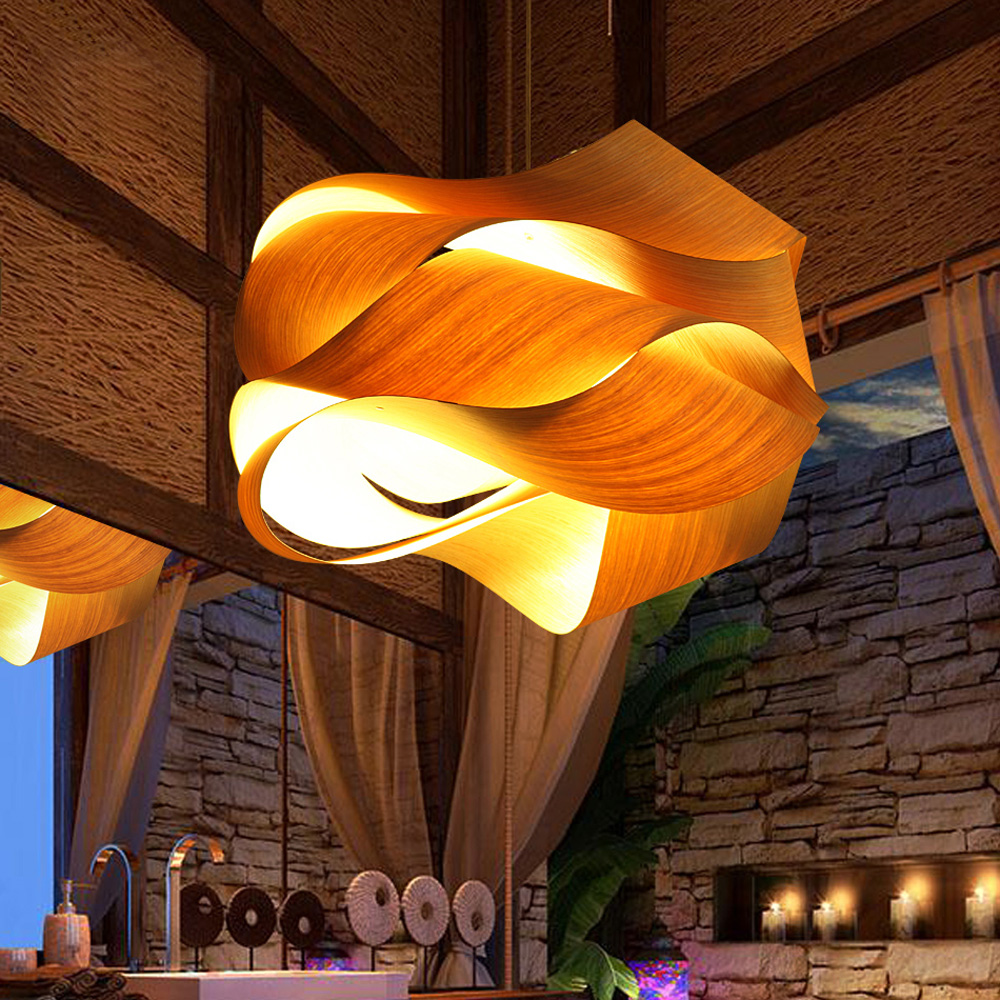 Modern Wood Veneer Pendant Light | Twisted Sculptural Hanging Lamp for Dining & Living Room