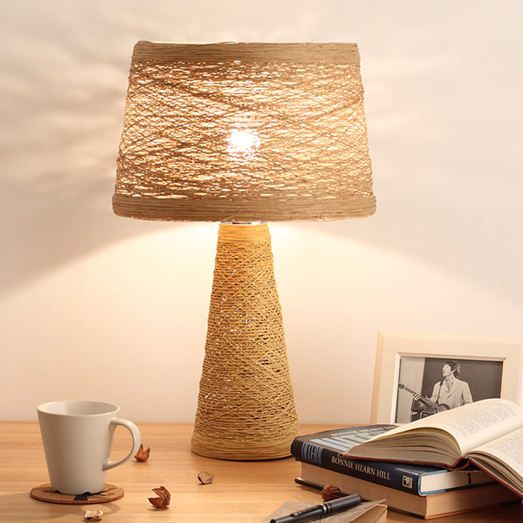 Handwoven Rattan Table Lamp – Rustic Natural Rope Desk Light for Bedroom, Living Room, Nightstand – Boho Wicker Lighting Décor