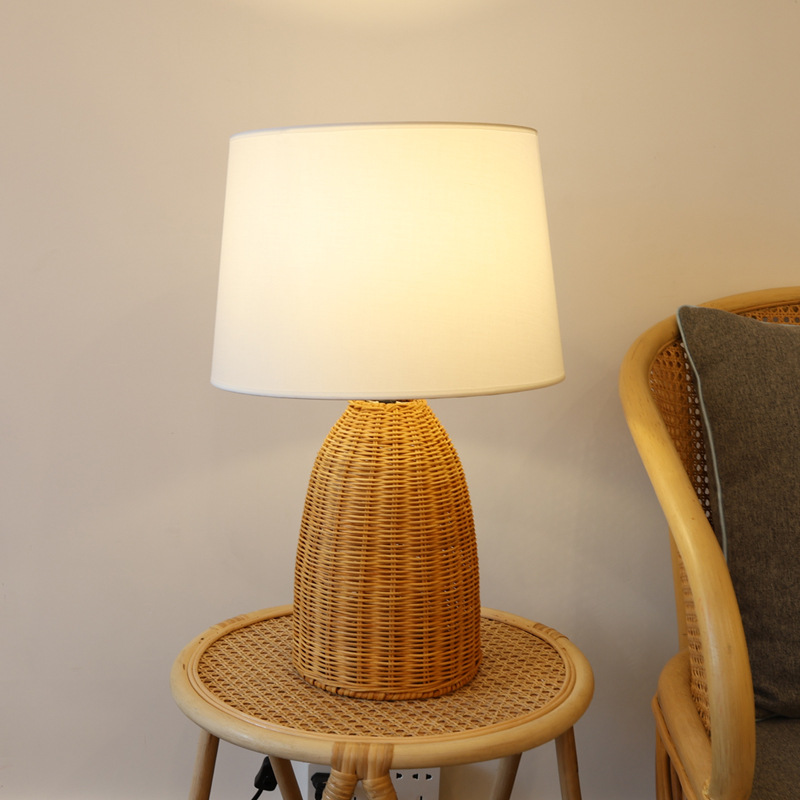 Handwoven Rattan Table Lamp with Fabric Shade