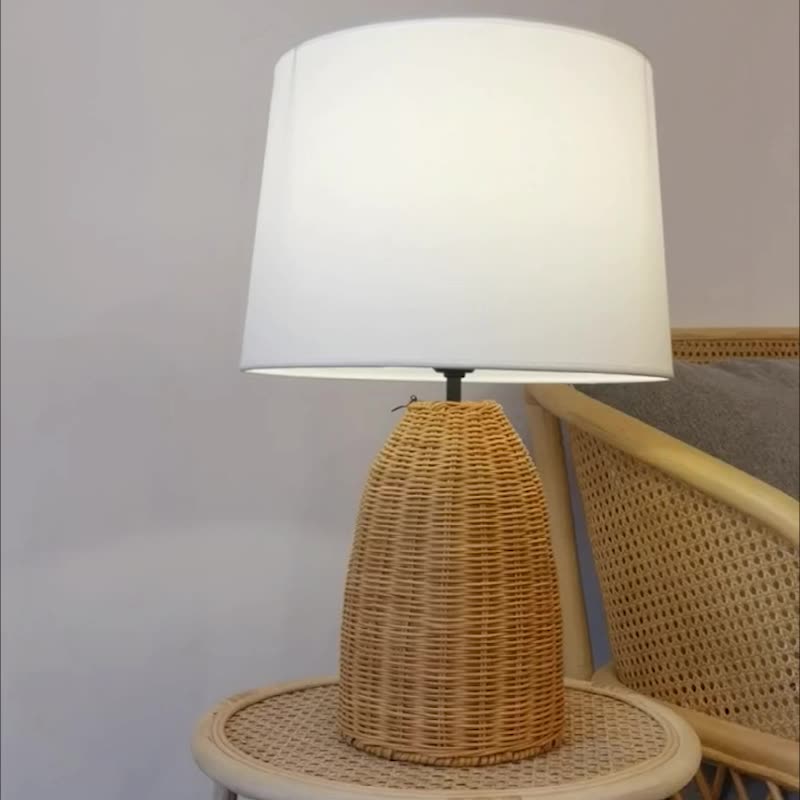 Handwoven Rattan Table Lamp with Fabric Shade
