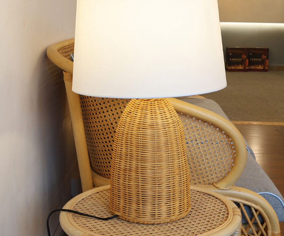 Handwoven Rattan Table Lamp with Fabric Shade