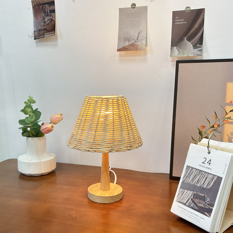 Modern Minimalist Woven Table Lamp – Black Metal Stand with Bamboo Lampshade