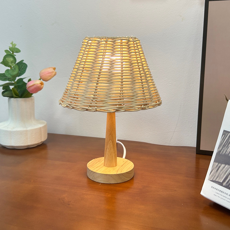 Modern Minimalist Woven Table Lamp – Black Metal Stand with Bamboo Lampshade