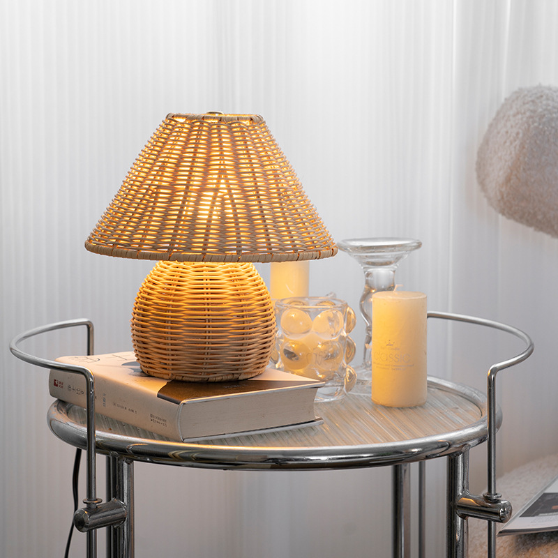 Handcrafted Rattan Table Lamp – Boho Style Natural Woven Bedside Light