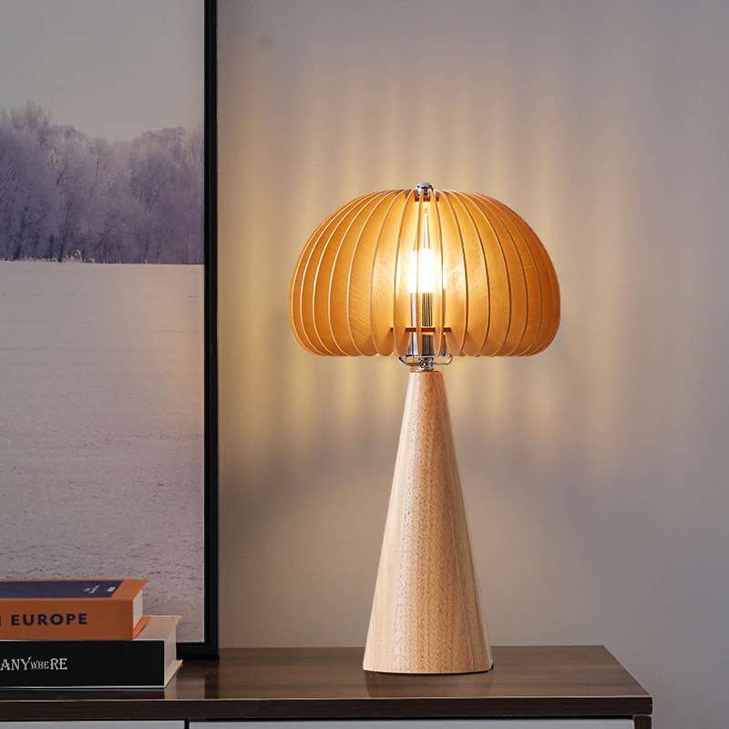 Modern Wooden Base Table Lamp with Bamboo Shade for Bedroom, Hotels & Commercial Interiors
