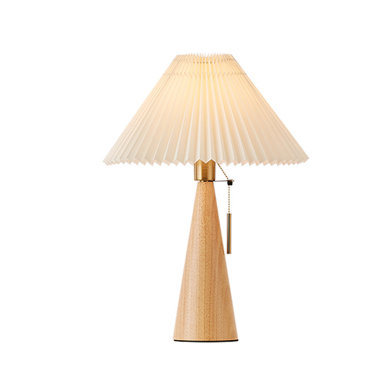 Solid Wood Table Lamp – Minimalist Bedside Desk Light with Pleated Shade