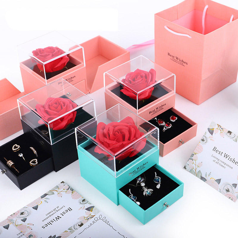 Preserved Rose Box Eternal Flowers Gifts Acrylic Jewelry Box With Drawer