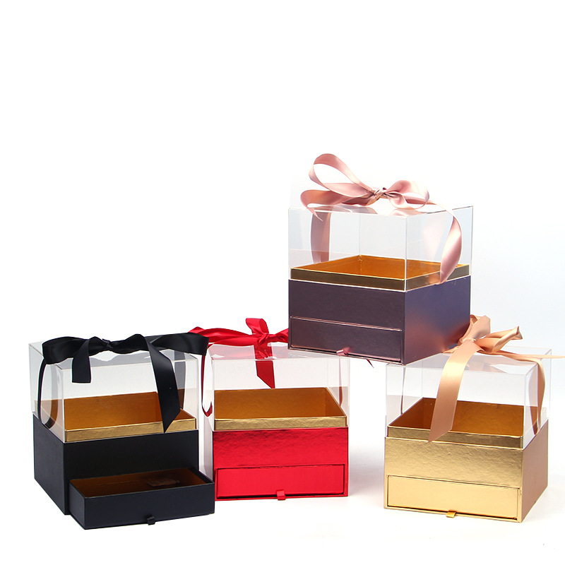 High-end square transparent acrylic boxes for flowers double-layer drawer gift box