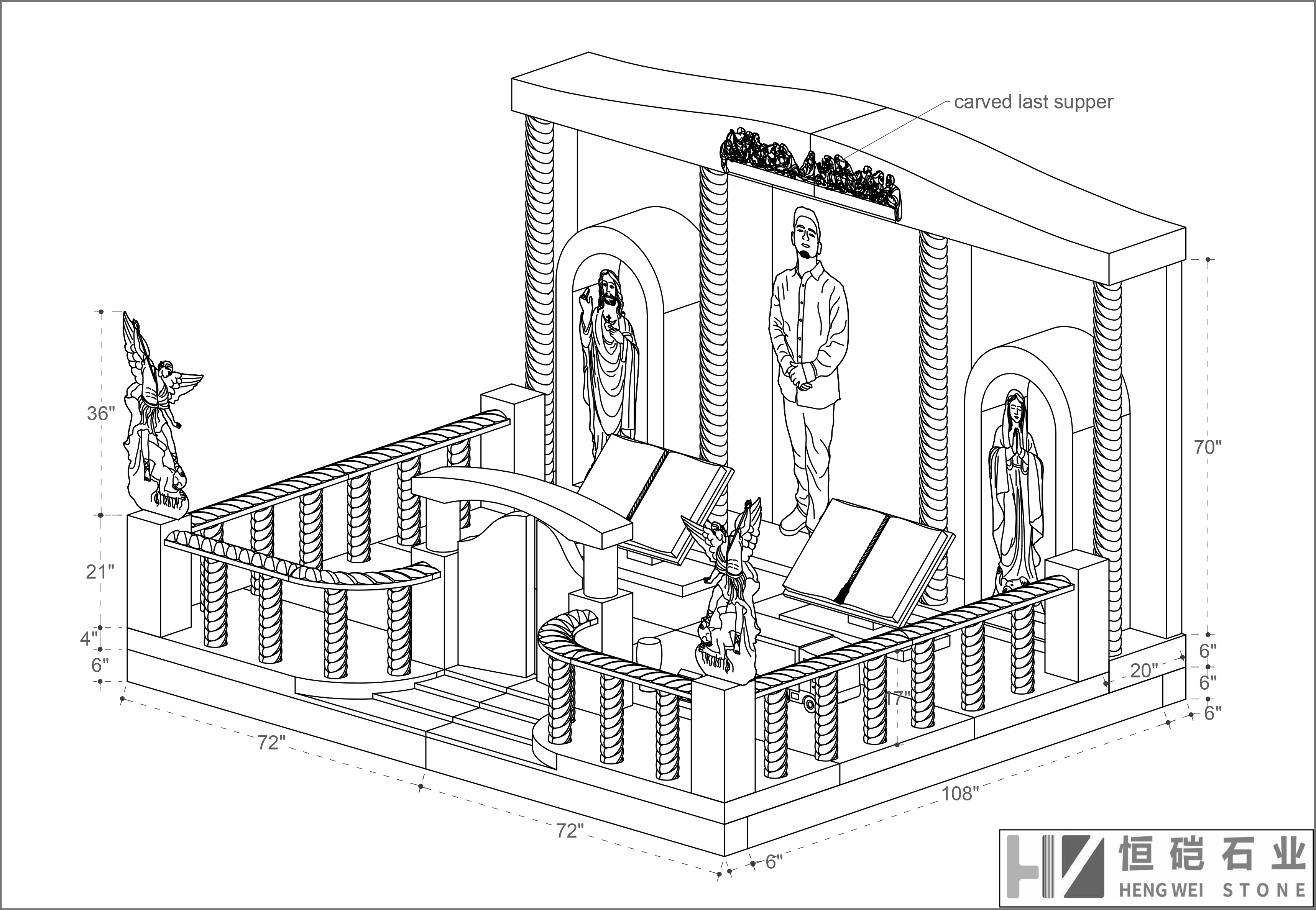 JSN Stone offers a comprehensive library of stone design drawings for architects, memorial parks, landscape designers, and private clients worldwide. All designs can be customized in material (granite, marble, limestone), size, finish, and detail. Request production-ready drawings or submit your own concept.