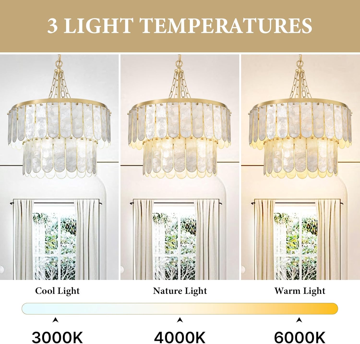 Modern Gold Capiz Shell Chandelier – 3-Color Dimmable Pendant with E26 Socket