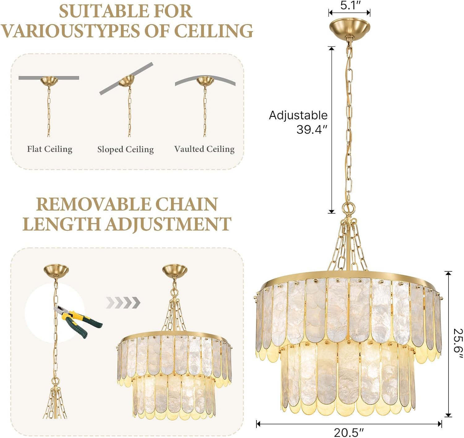 Modern Gold Capiz Shell Chandelier – 3-Color Dimmable Pendant with E26 Socket
