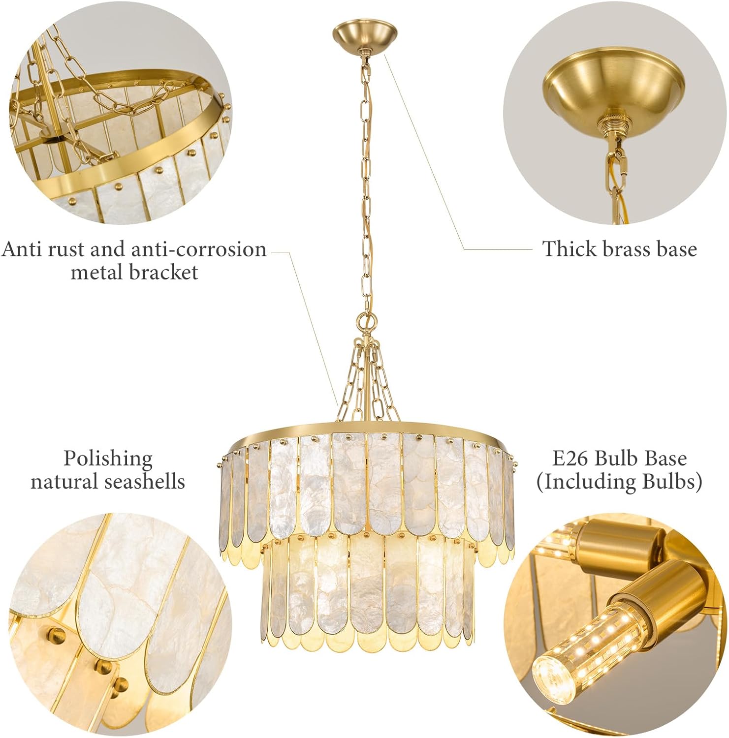 Modern Gold Capiz Shell Chandelier – 3-Color Dimmable Pendant with E26 Socket