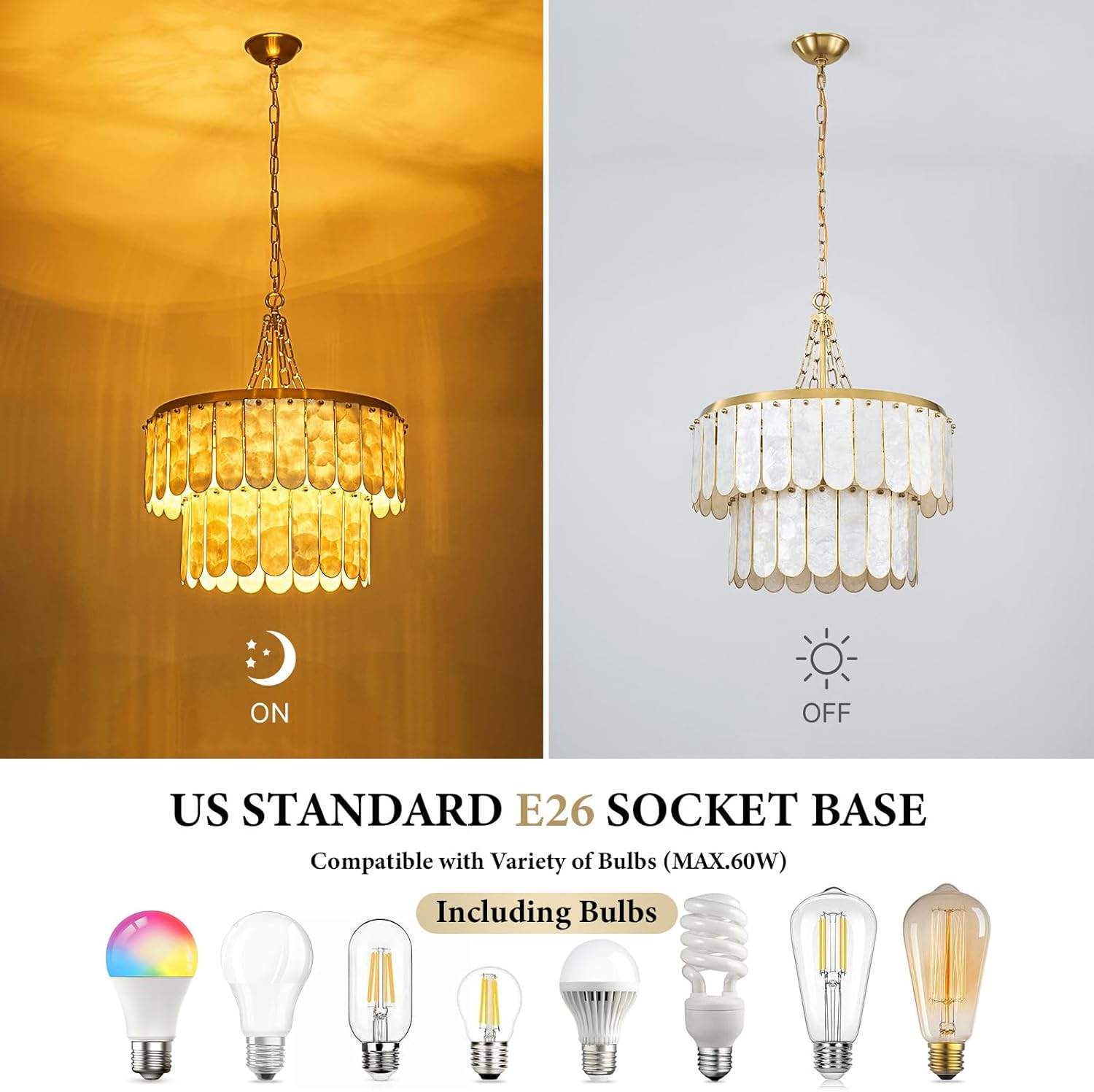 Modern Gold Capiz Shell Chandelier – 3-Color Dimmable Pendant with E26 Socket