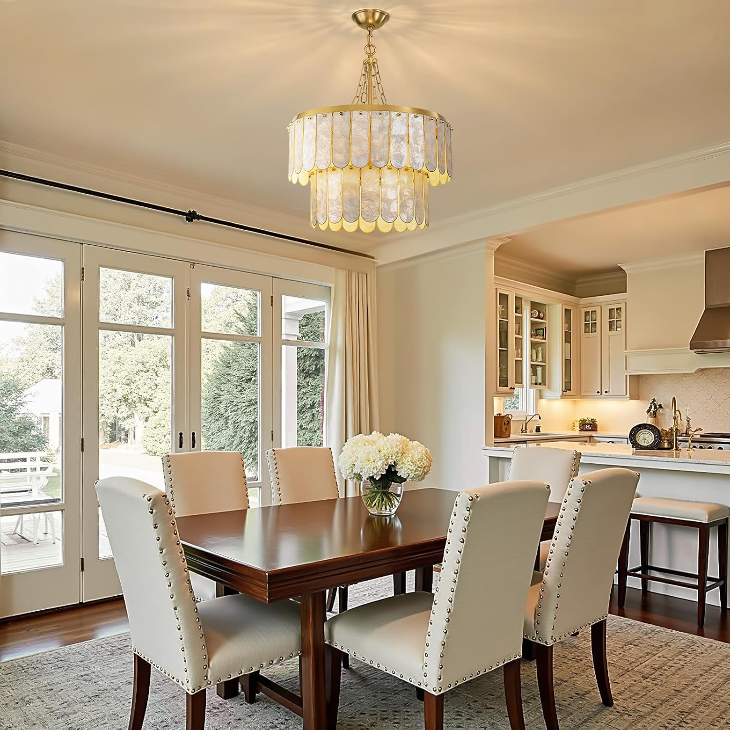 Modern Gold Capiz Shell Chandelier – 3-Color Dimmable Pendant with E26 Socket